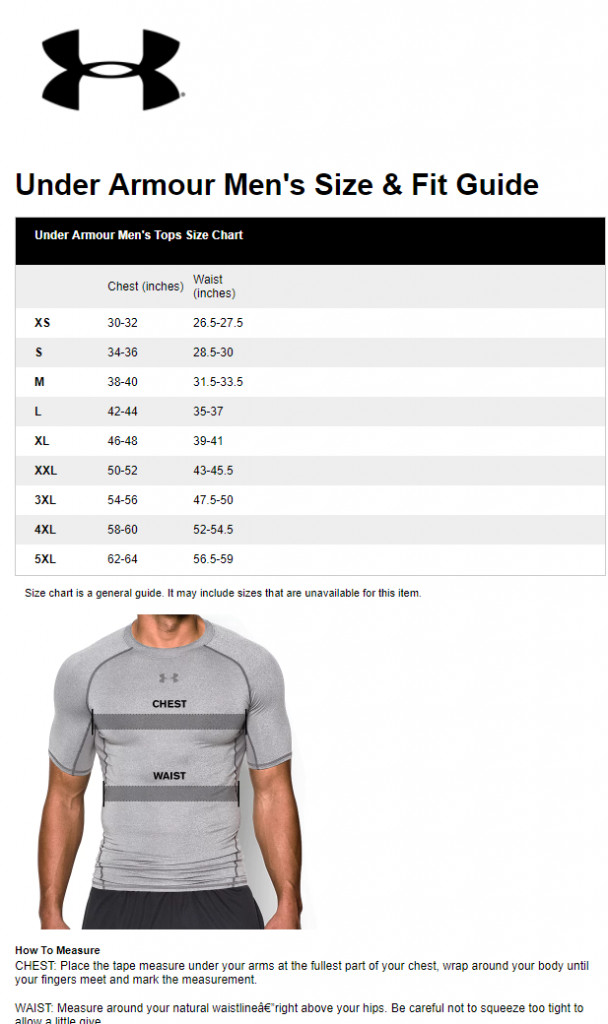 Under Armour Mens Shirt Size Chart