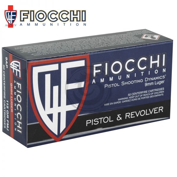 FIOCCHI Brass Cased 9mm 115Gr FMJ Ammunition Box of 50
