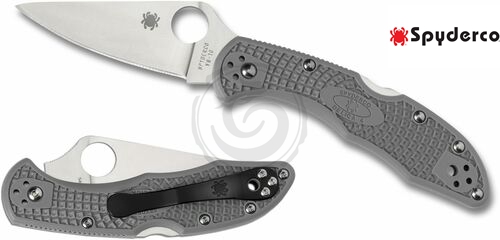 Spyderco Delica 4 Flat Ground 2-7/8" VG10 Satin Plain Blade, Gray FRN Handles, Lockback - C11FPGY Spyderco C11FPGY