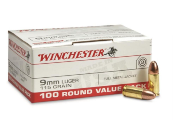 Winchester USA 9mm Ammunition 115 Gr FMJ Box of 100