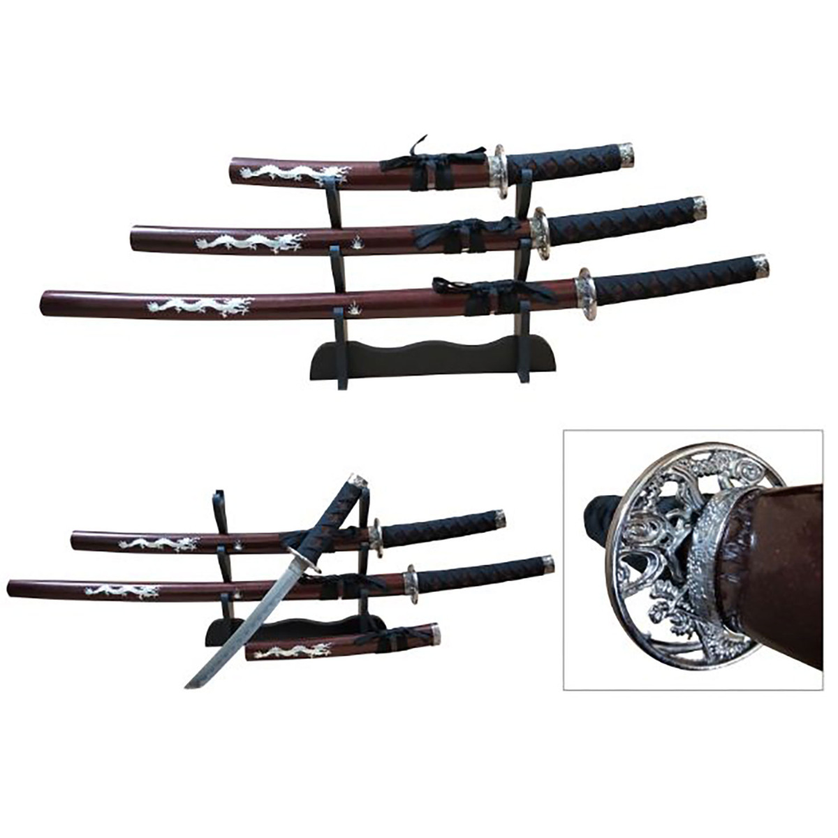Snake Eye – Pearl Dragon Samurai Katana Sword Set of 3, Red