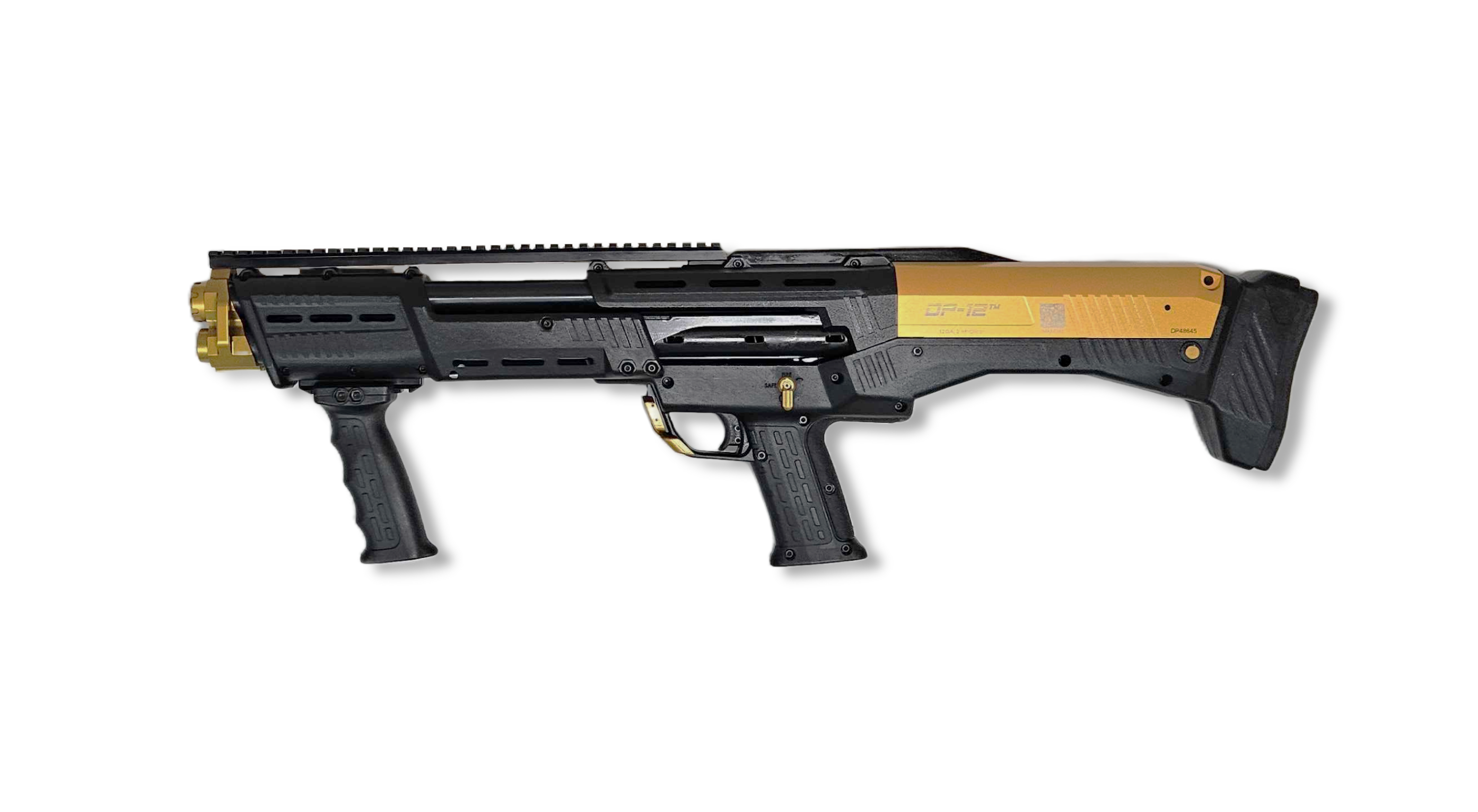 Consignment – Standard Manufacturing DP-12 Double Barrel Pump Action Shotgun 12 Ga Black Gold, MINT CS-186 B