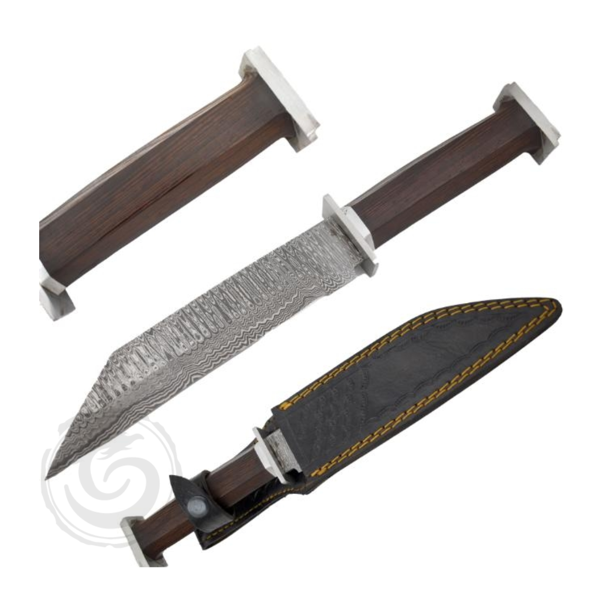 Old Ram Damascus Steel Fixed Blade Tanto Knife Hardwood Handle
