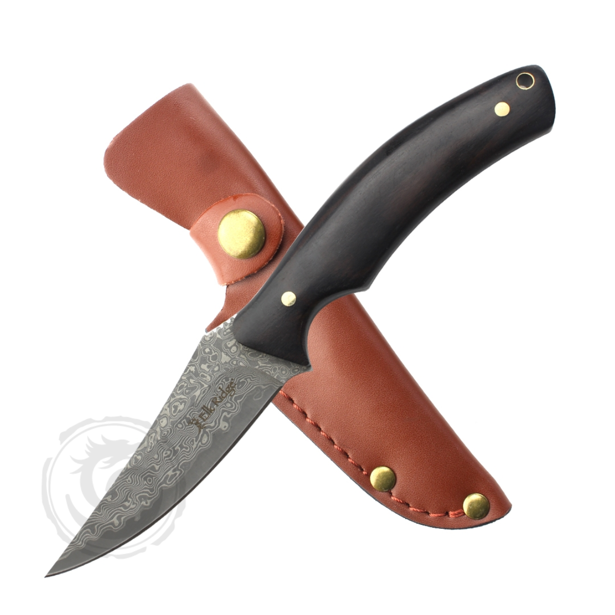 Elk Ridge Damascus Fixed Blade Knife Brown Wood Handles
