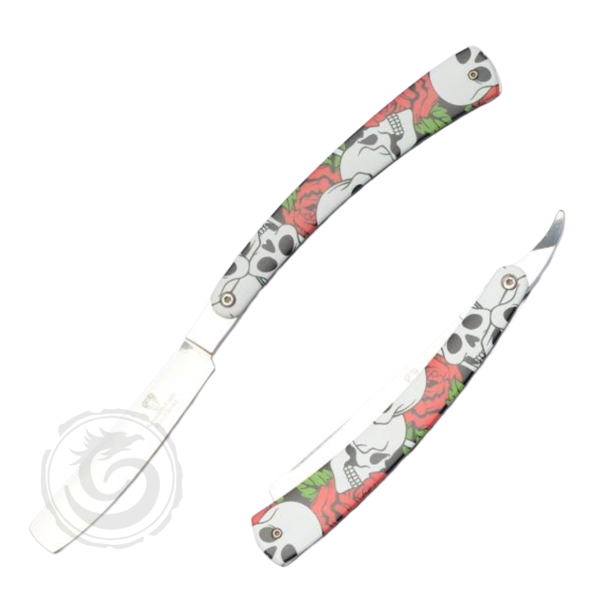 Snake Eye 9.25″ Straight Razor Folding Knife Skulls and Roses Handle