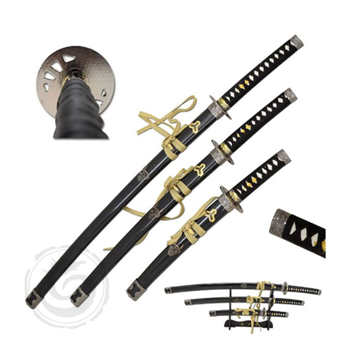Snake Eye Black & Gold Samurai Sword Set w/Stand Set of 3