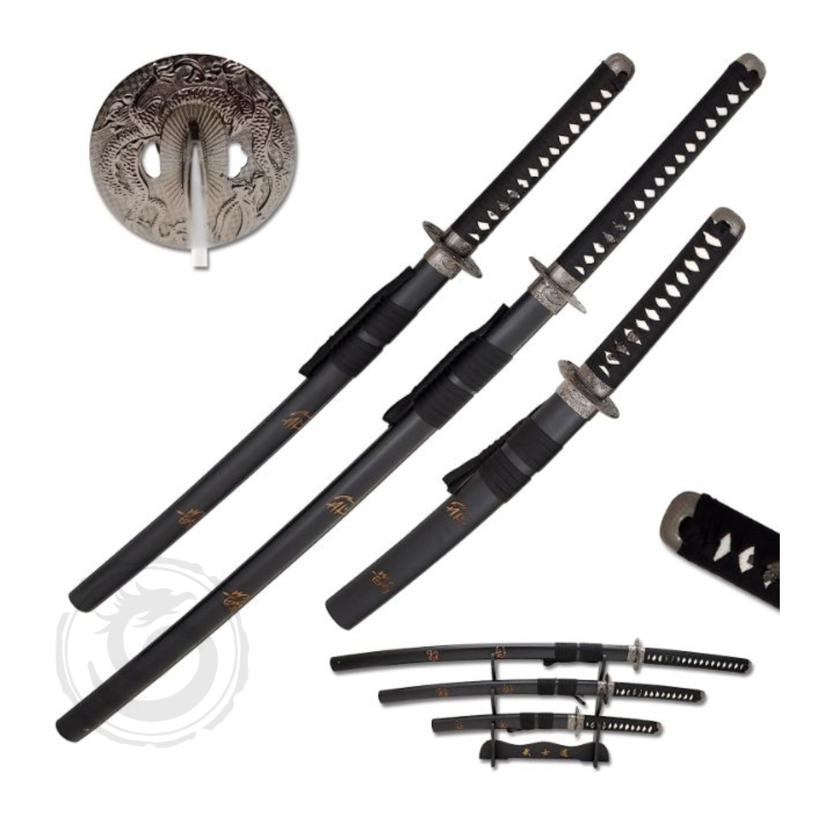 Snake Eye Ascending Dragon Samurai Sword Set Matte Black w/Stand Set of 3