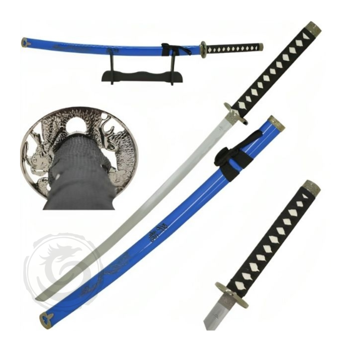 Snake Eye Japanese Samurai Katana Engraved Dragon Tsuba Blue