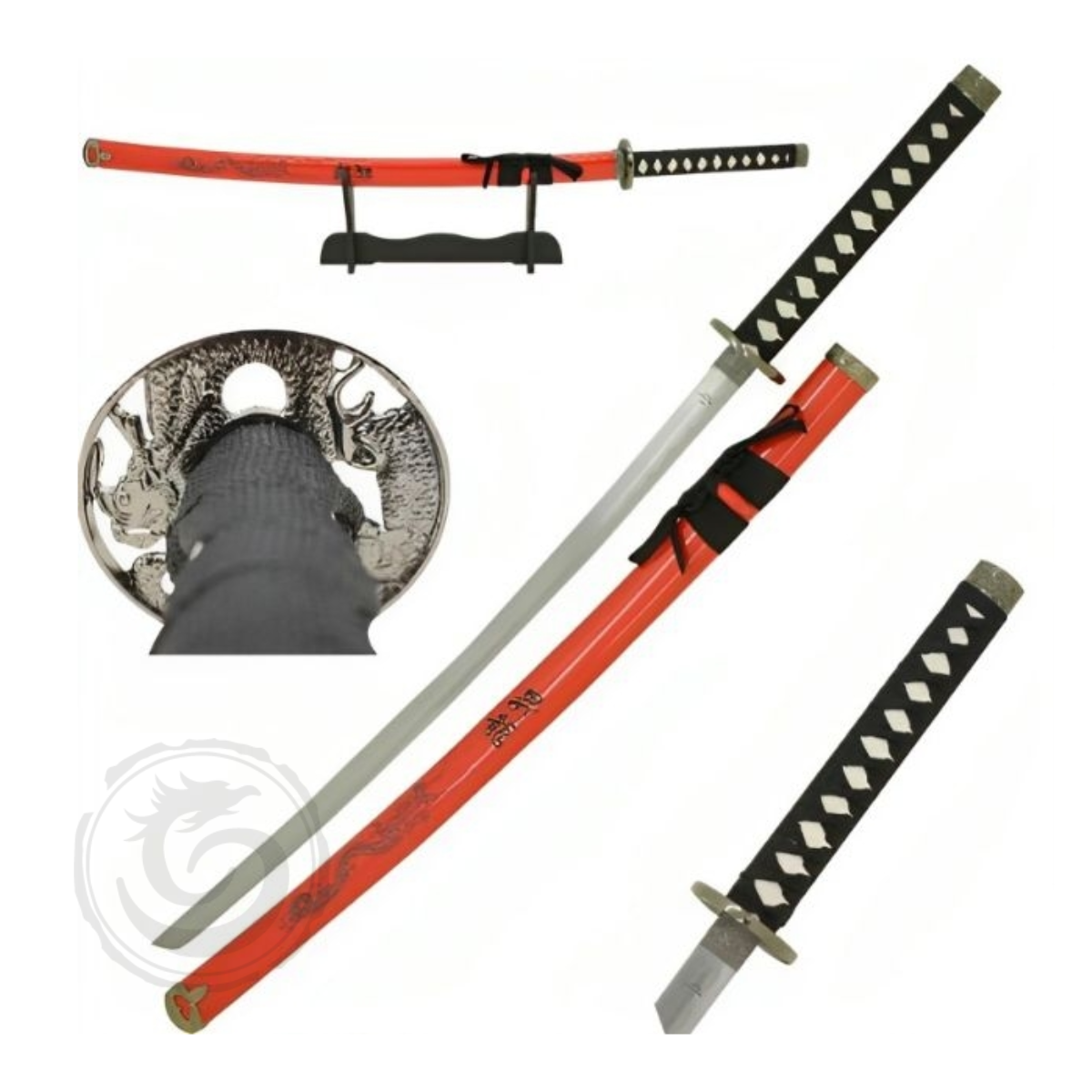 Snake Eye Japanese Samurai Katana Engraved Dragon Tsuba Red