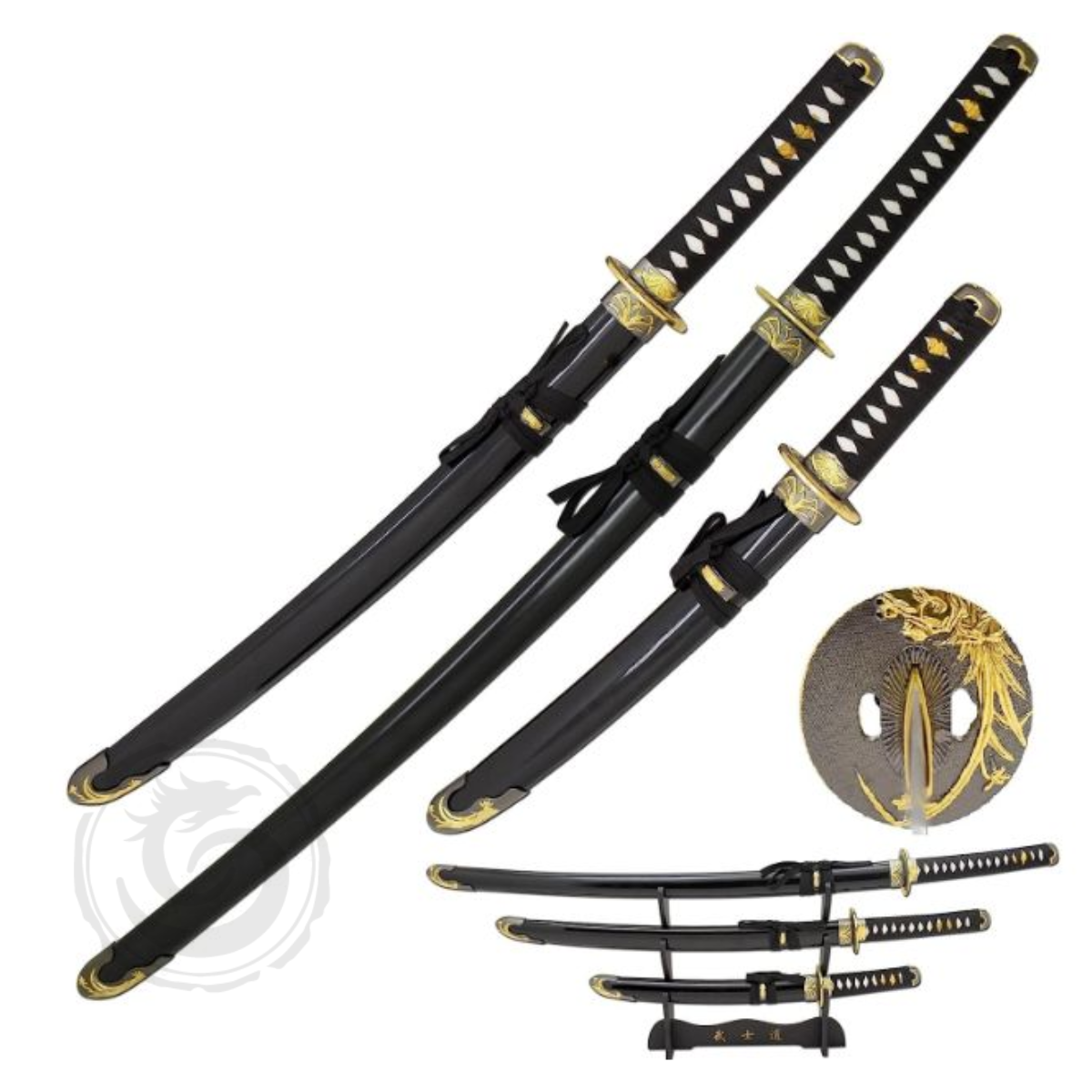 Snake Eye Black Samurai Sword Set Gold Tsuba w/Stand Set of 3