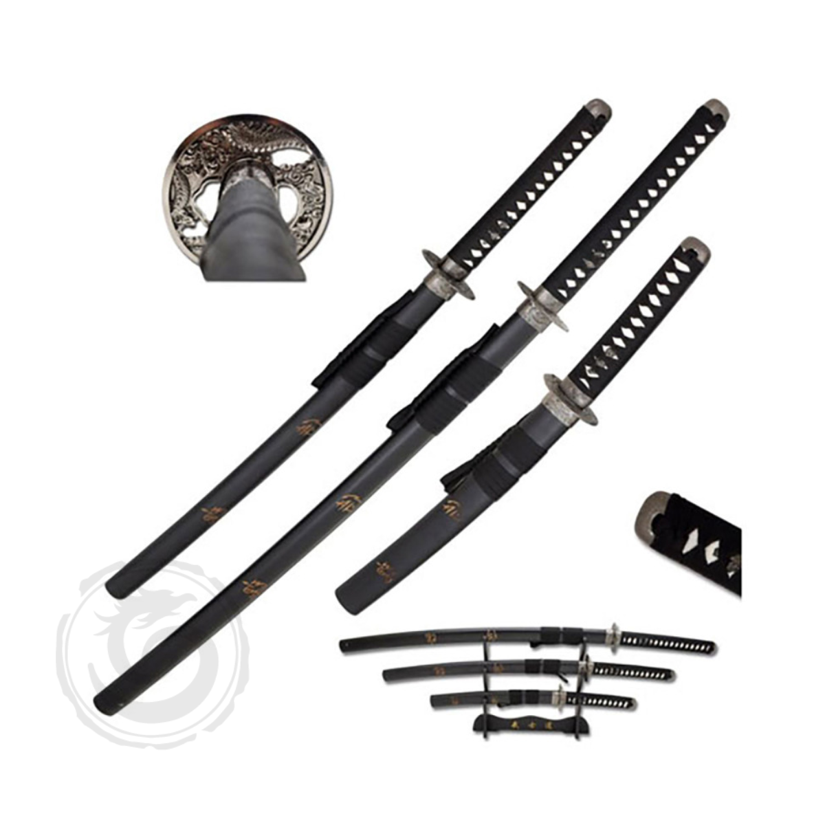 Snake Eye Dragon Samurai Sword Set Matte Black w/Stand Set of 3
