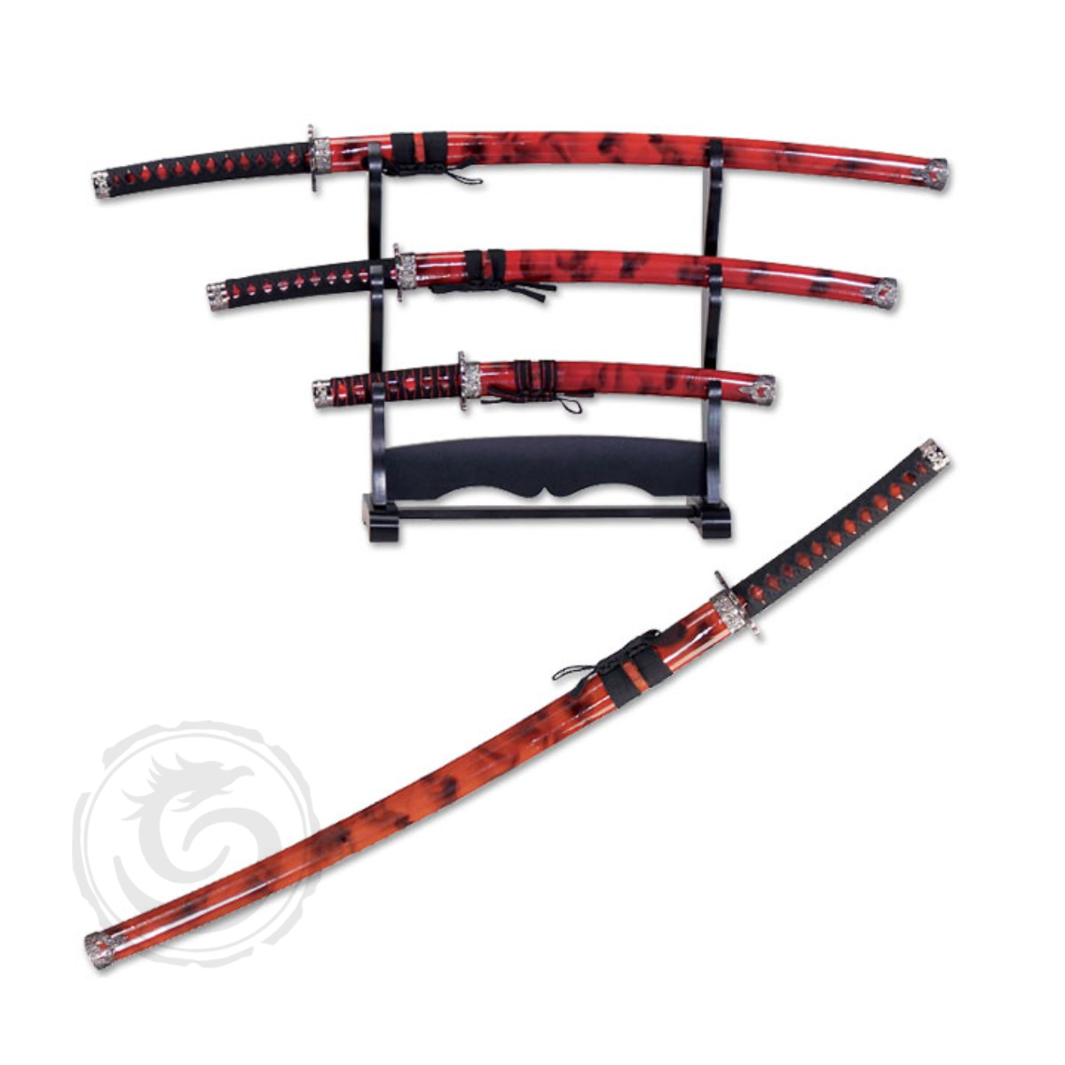 Snake Eye Crimson Marbled Samurai Katana Sword w/Stand Set of 3