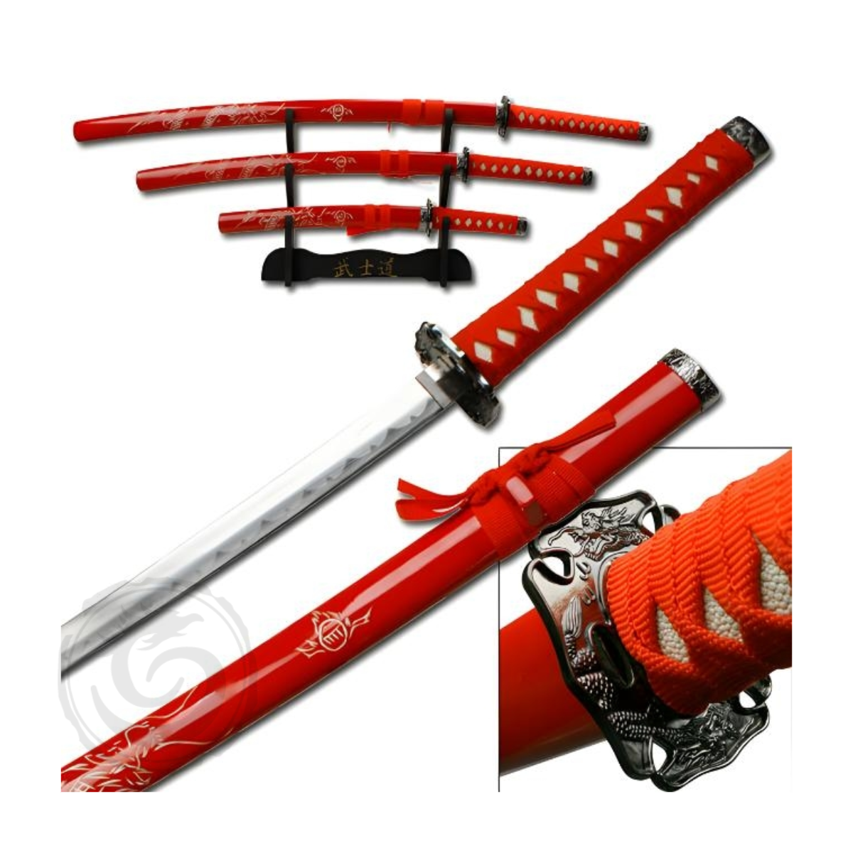 Snake Eye Samurai Katana Set Red w/Stand Set of 3