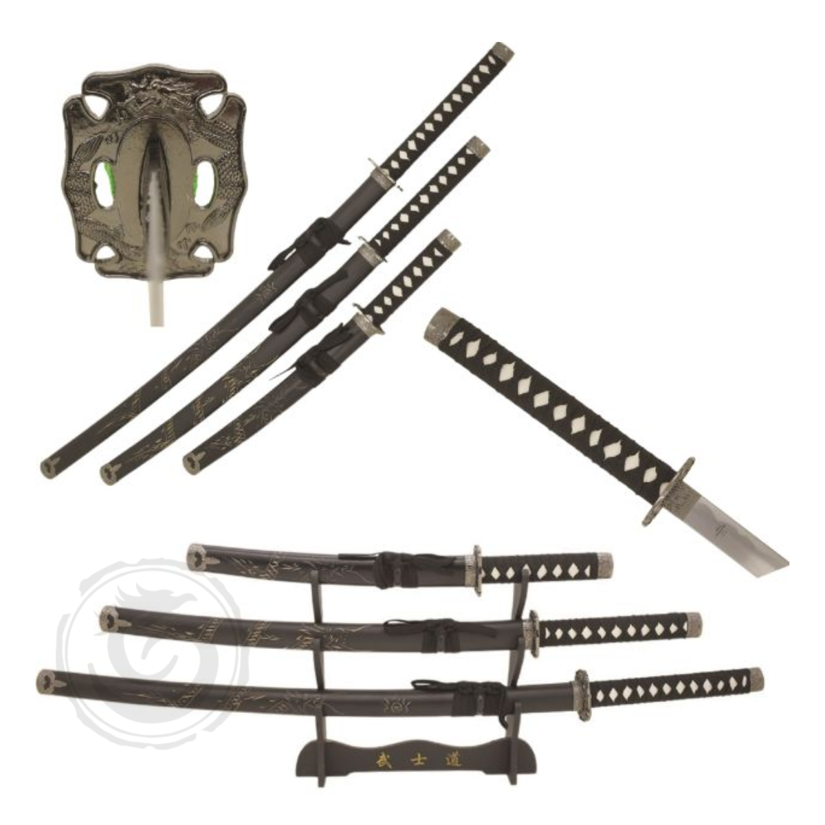 Snake Eye Warrior Dragon Design Japanese Katana w/Stand Set of 3