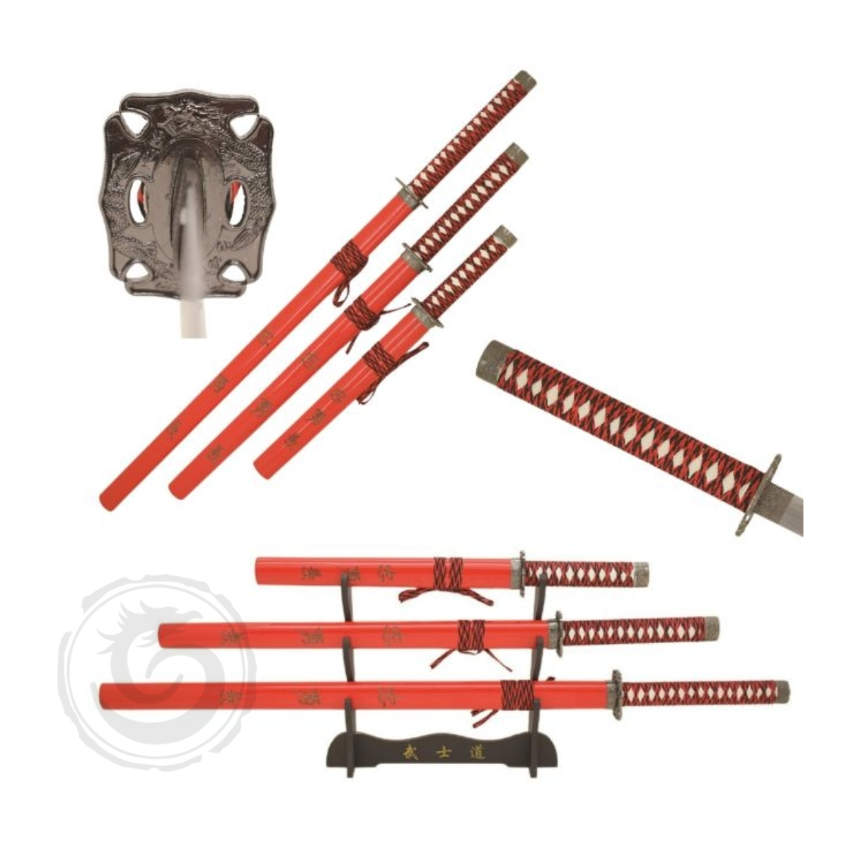Snake Eye Dragon Samurai Sword Set Red w/Stand Set of 3
