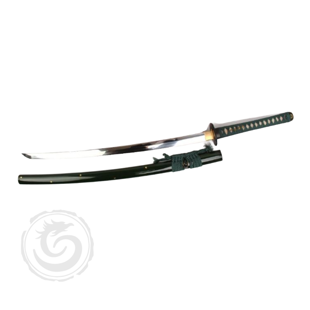 Snake Eye Japanese Samurai Katana Cutout Tsuba Gold Spotted Green Scabbard