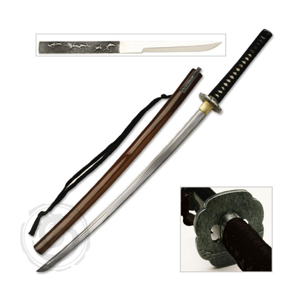 Ten Ryu Hand Forged Carbon Steel Practical Katana with Hidden Knife Brown Scabbard