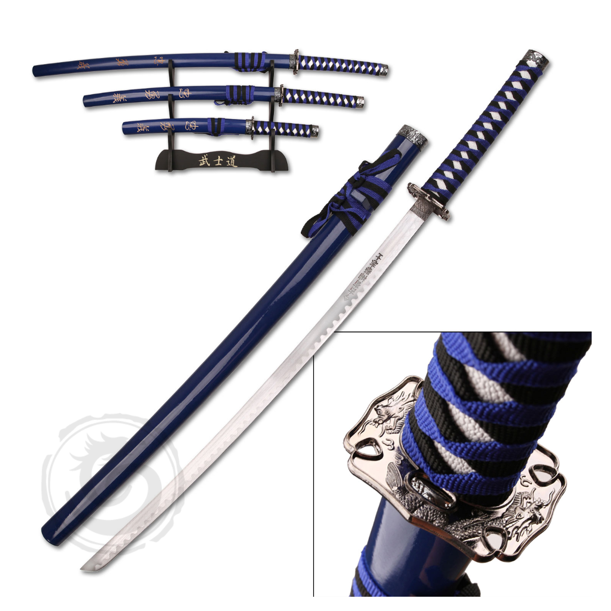 BladesUSA Dragon Samurai Katana Sword Blue and Black Set of 3
