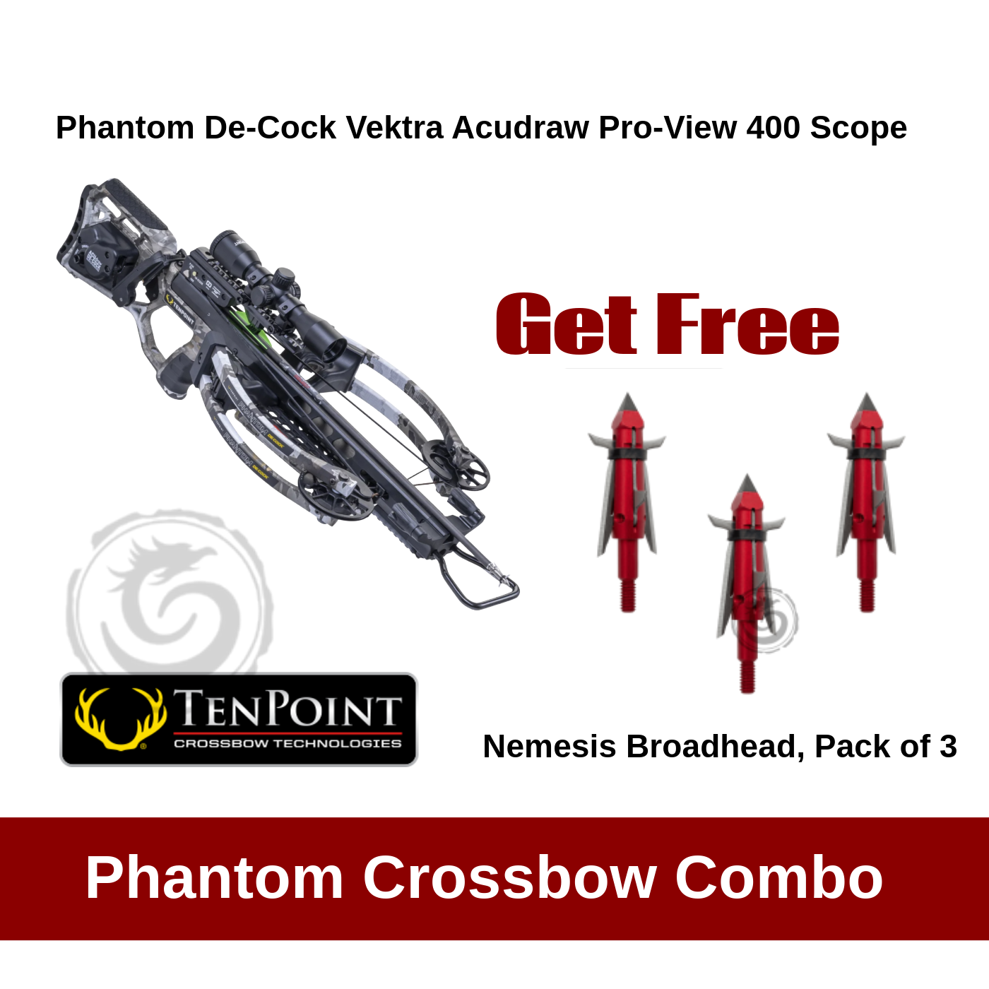 TenPoint Phantom De-Cock Vektra Acudraw Pro-View 400 Scope Crossbow Kit Broadhead Combo