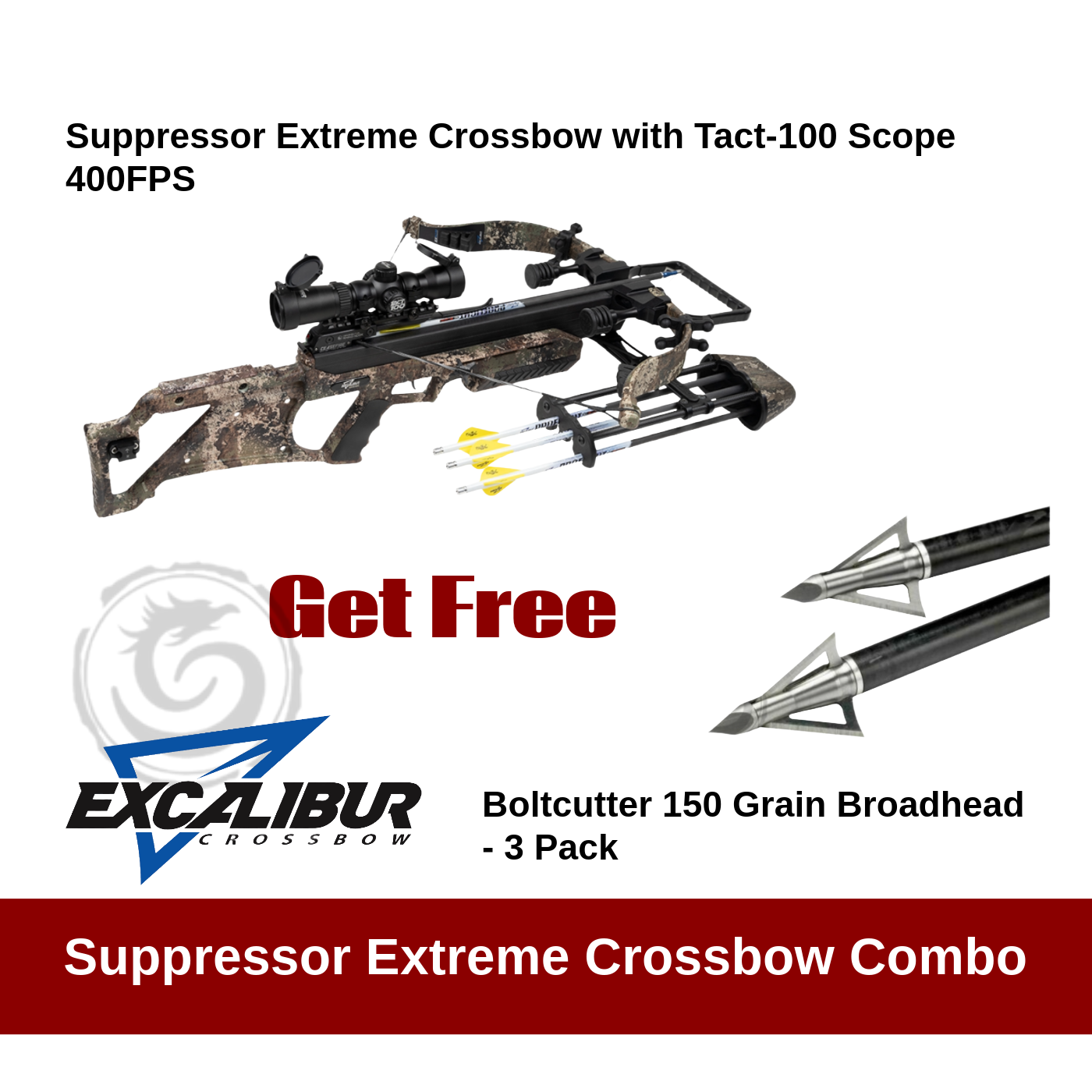 Excalibur Suppressor Extreme Crossbow with Tact-100 Scope 400FPS Broadhead Combo