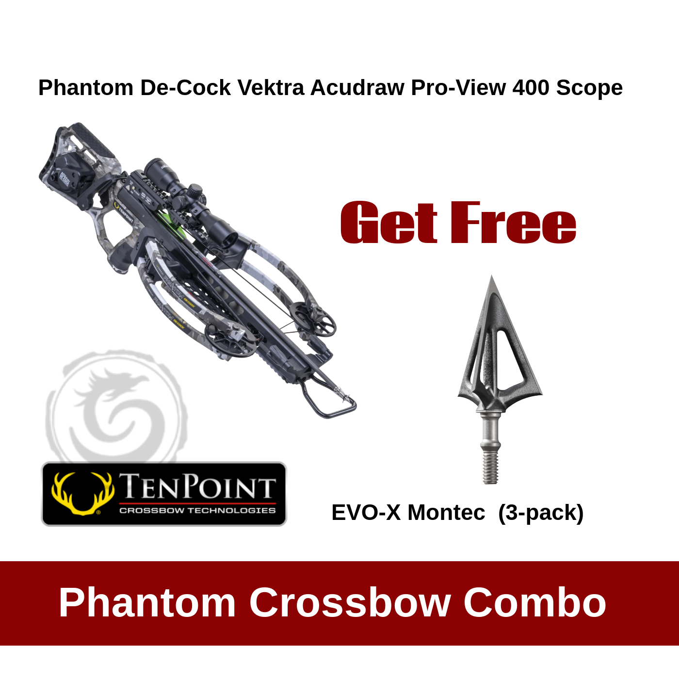 TenPoint Phantom De-Cock Vektra Acudraw Pro-View 400 Scope Crossbow Kit Broadhead Combo