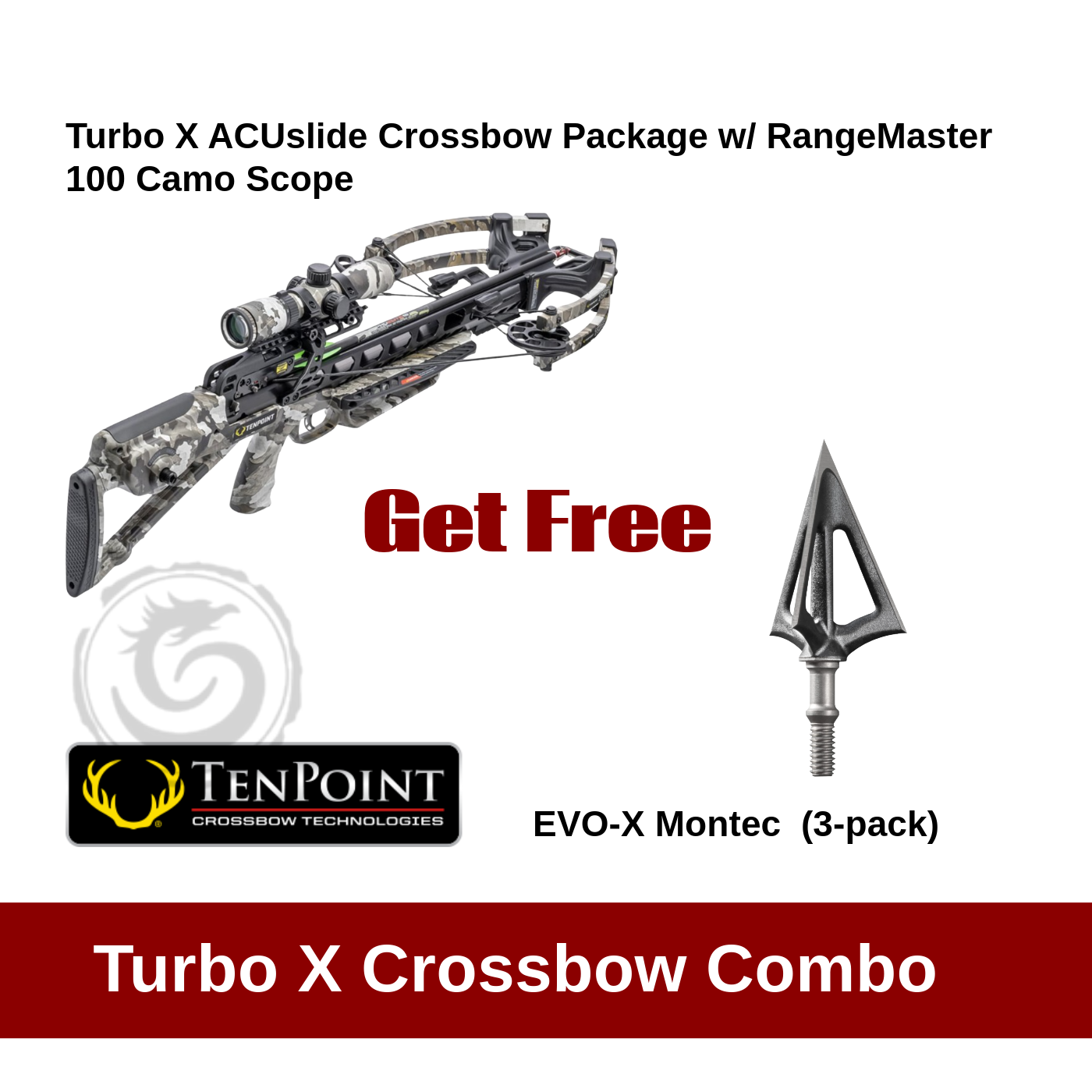 TenPoint Turbo X ACUslide Crossbow Package w/ RangeMaster 100 Camo Scope – Vektra Broadhead Combo