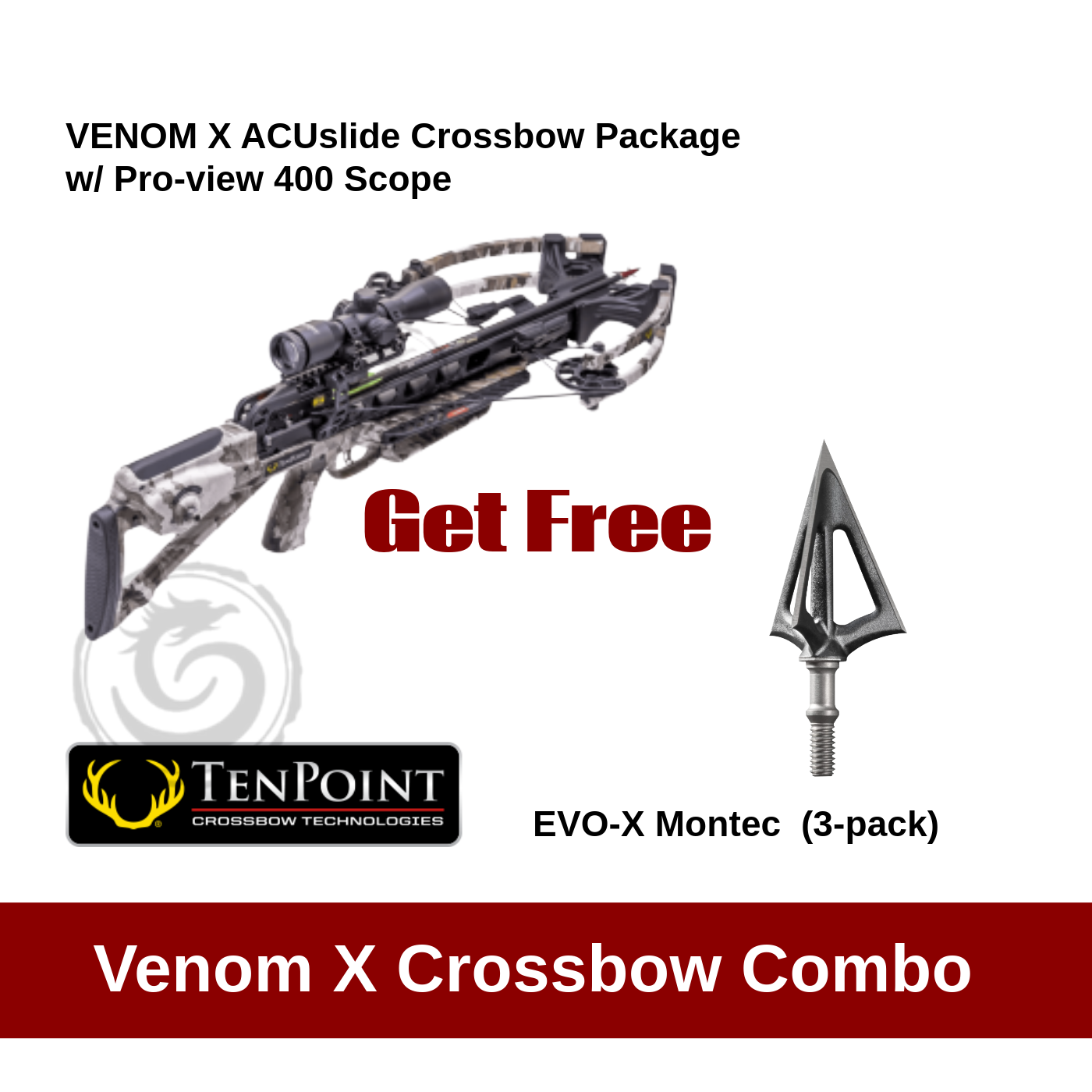 TenPoint VENOM X ACUslide Crossbow Package w/ Pro-view 400 Scope – Vektra Broadhead Combo
