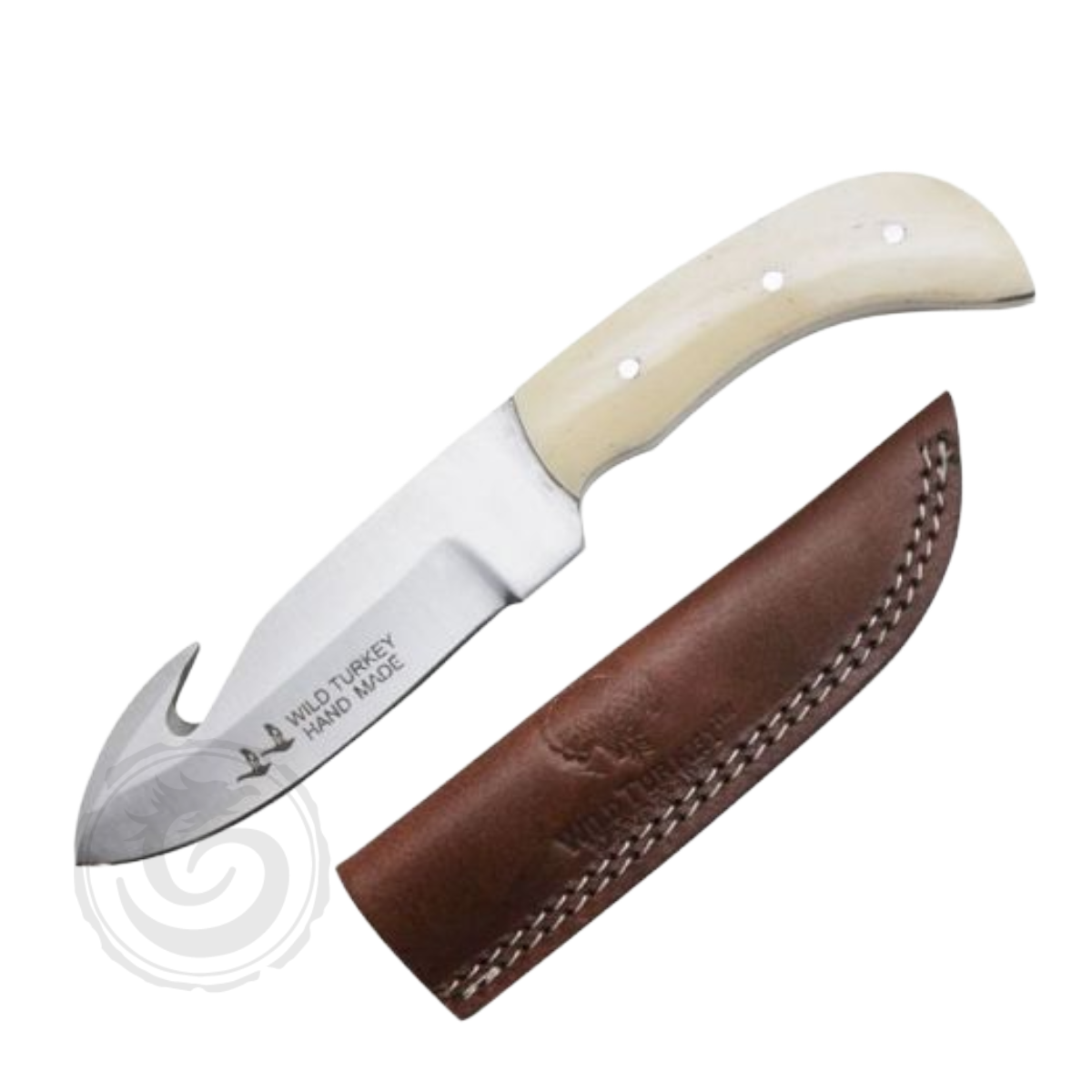 Wild Turkey Handmade Fixed Blade Hunting Knife with Gut Hook Smooth Bone Handle