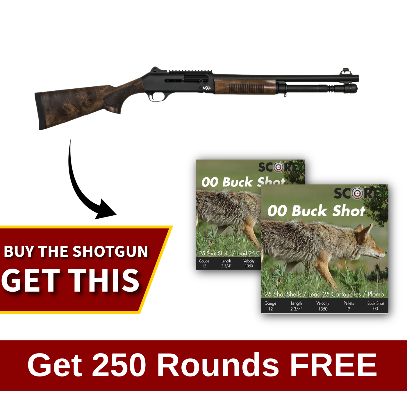Hunt Group MX4 Semi-Auto 12 Ga 3″ Cham 18.5″ Barrel Shotgun Wood w/Ammo Combo